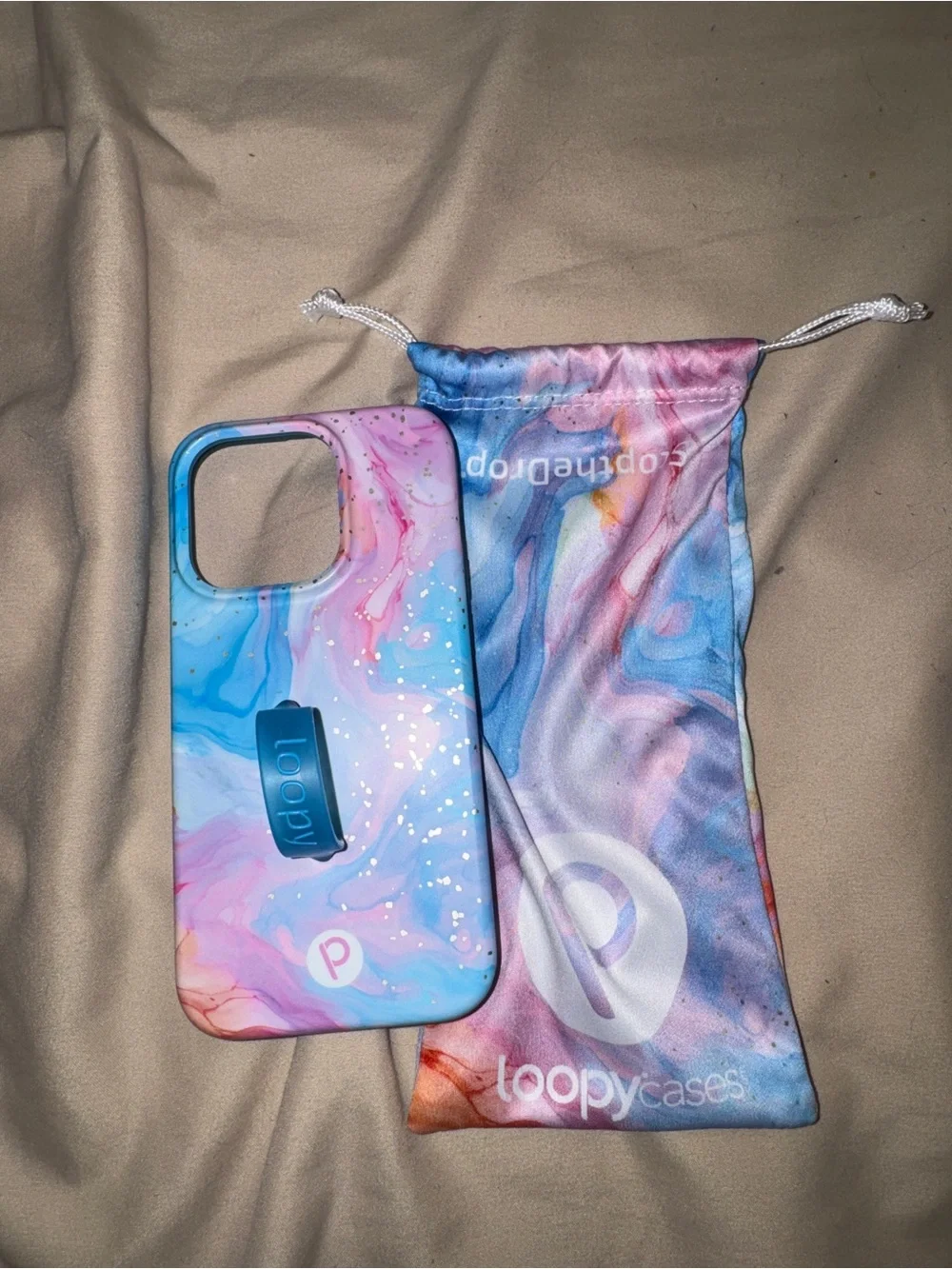 iPhone 15Pro Loopy Cases Marble Blue Pink Phone Case with Hand Strap